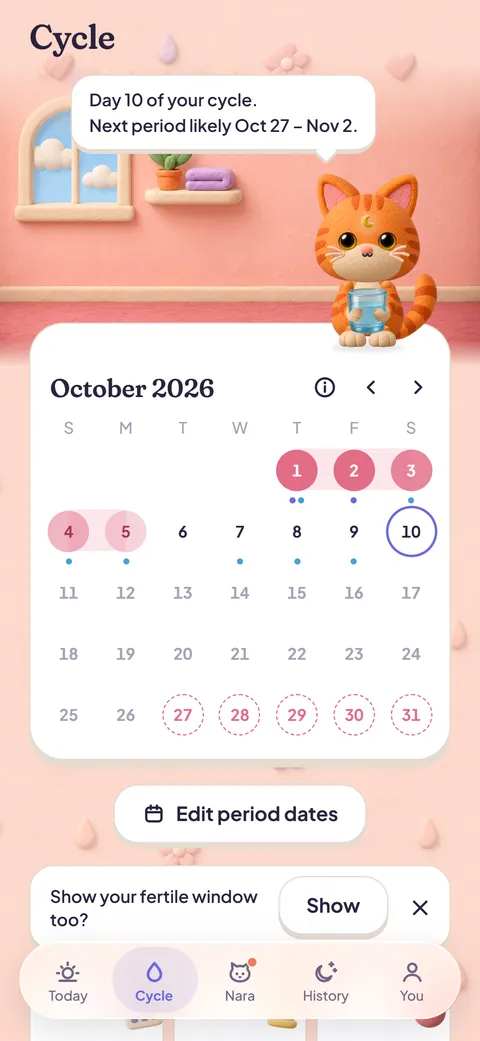 The Cycle tab: a month calendar with logged period days and Nara holding a glass of water.