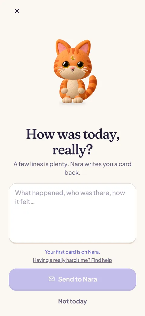 Telling Nara about your day: a few lines that she answers with a card.